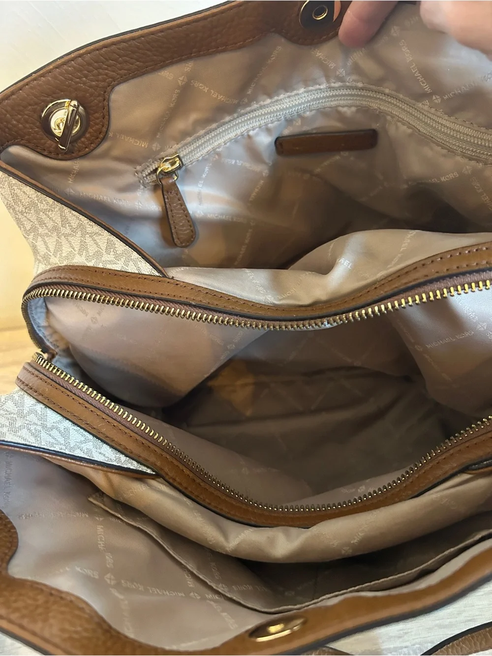 Michael Kors Cream and Brown Logo Tote Shoulder Bag